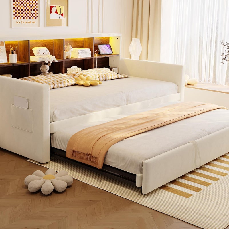 Rozkładana sofa z poduszkami 90x190cm - z oświetleniem LED - z gniazdem ładowania - z wysuwane łóżko - tkanina welurowa - beżowy