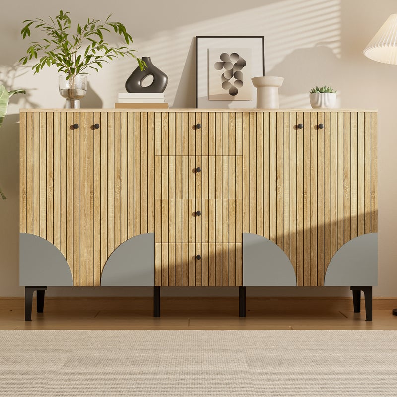 Nowoczesny buffet z drewna 160x36x94 cm - 4 fronty i 4 szuflady - Wykończenie drewno - Płyty wiórowe - Kolor naturalny