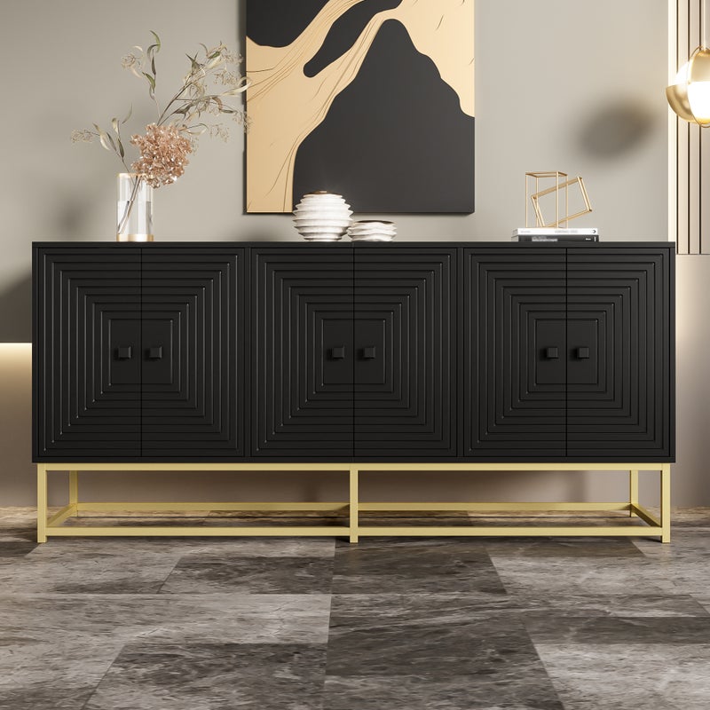 Nowoczesny buffet 160x38x75,5 cm - 6 frontów - Duża przestrzeń do przechowywania - Płyty wiórowe - Czarny + złoty