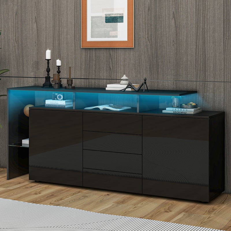Buffet 160x35x70cm - z oświetleniem LED - 4 szuflady i 2 fronty - Błyszczące wykończenie - Płyty wiórowe - Czarny
