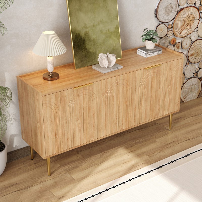 Nowoczesny buffet 140x38x75 cm - 4 fronty - wygląd drewna - Nogi metalowe - MDF - Kolor naturalny