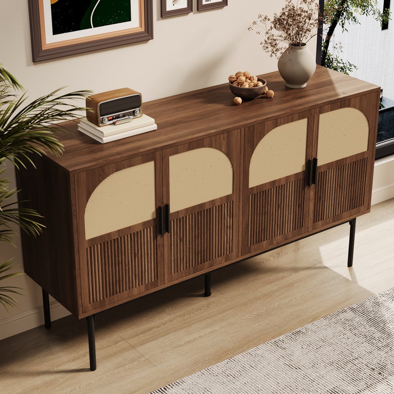 Nowoczesny buffet 140x40x80 cm - z 4 frontami - Wykończenie rattan - Fornir orzechowy - Brązowy