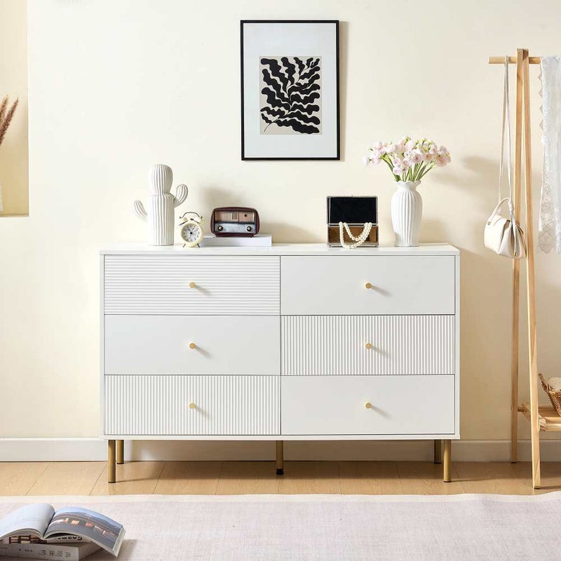 Nowoczesna komoda z 6 szufladami z białej płyty MDF, z uchwytami cynkowymi i nogami ze stali, 120×40×78 cm