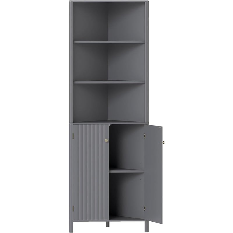 Narożna Szafka Łazienkowa z 3 Otwartymi Regałami i 2 Drzwiami, Szafka do Przechowywania z Regulowanymi Regałami, 42,5 x 42,5 x 172,5 cm, Szara