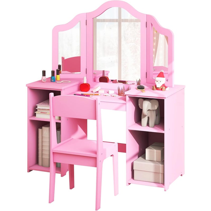 2 w 1 Stolik dla Dziecka z Otwartymi Regałami, Toaletka do Makijażu z Ruchomym Trójdzielnym Lustrem (Model Różowy)