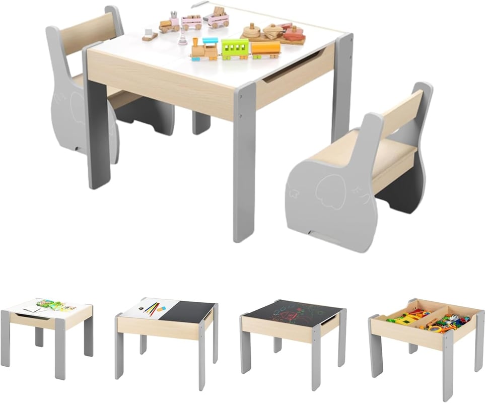 Stolik dla Dzieci z 2 Krzesełkami, 4 w 1 Stolik do Zabawy z Dwustronnym Składanym Regałem, Tablica Czarna/Biała, Nośność 30 kg, Kolor Szary