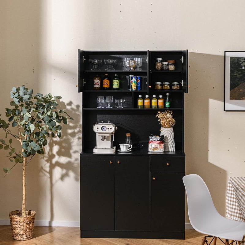 Szafka z Stacją Ładującą, 4 Szafkami i Wysuwaną Szufladą, 3 Poziomami Regulowanych Regałów, Wysoka Szafka Kuchenna z 2 Gniazdkami (Czarna)