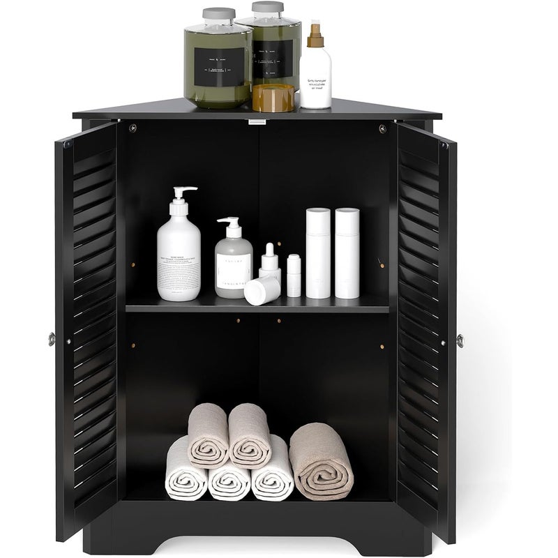 Szafka Narożna Łazienkowa z Drzwiami Lamelowymi i Regulowanymi Regałami na 3 Poziomy, Salon, Kuchnia, Przedpokój (Czarna, 81,5 cm)