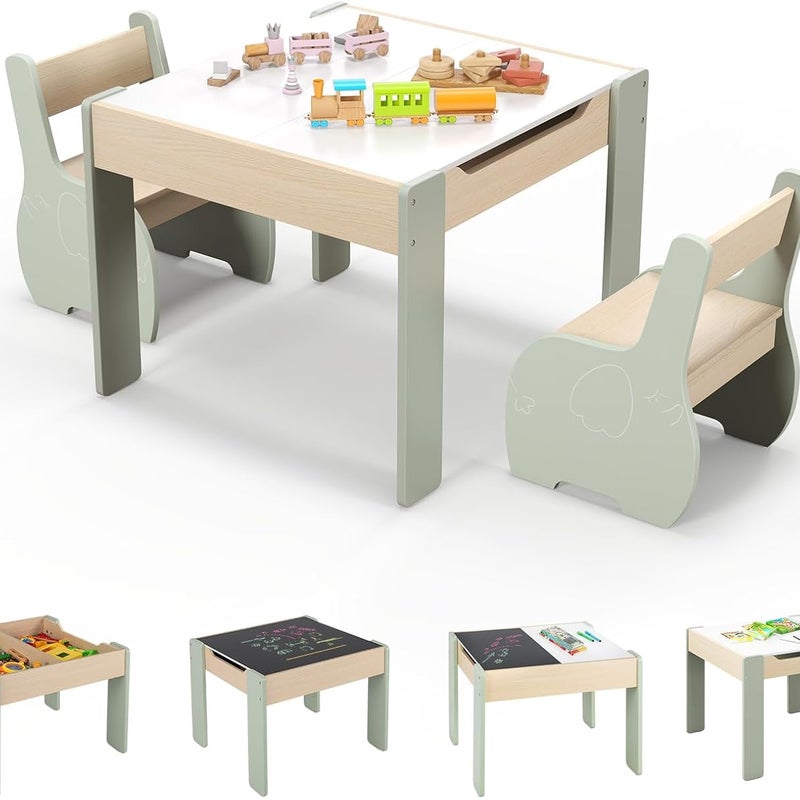 Stolik dla Dzieci z 2 Krzesełkami, 4 w 1 Stolik do Zabawy z Dwustronnym Składanym Regałem, Tablica Czarna/Biała, Nośność 30 kg, Zielony