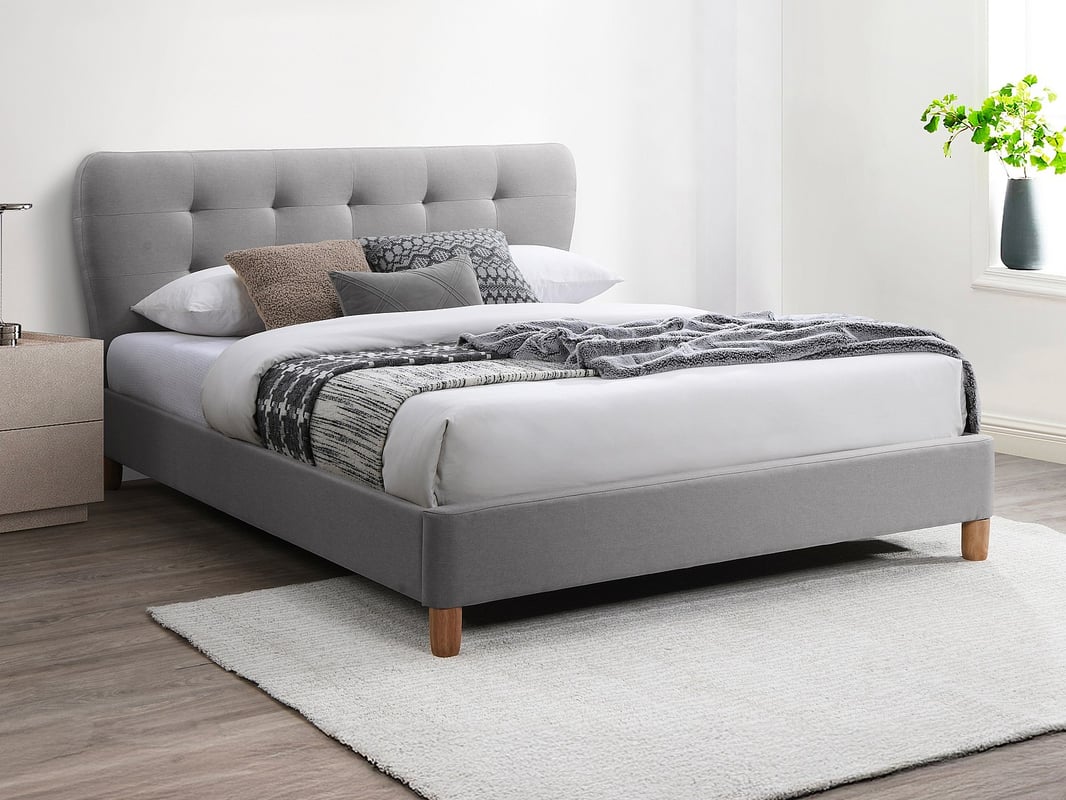 Łóżko 140 x 190 cm z pikowanym zagłówkiem - Tkanina - Szare + Materac - ELIDE