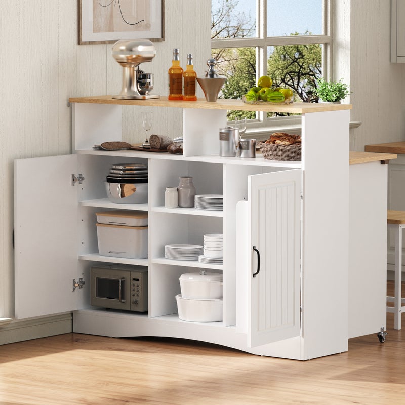 Mobilna centralna wyspa kuchenna 110x34x97.5cm - blat rozsuwany i ukryte krzesła do jadalni - wielofunkcyjna przestrzeń do przechowywania - biały
