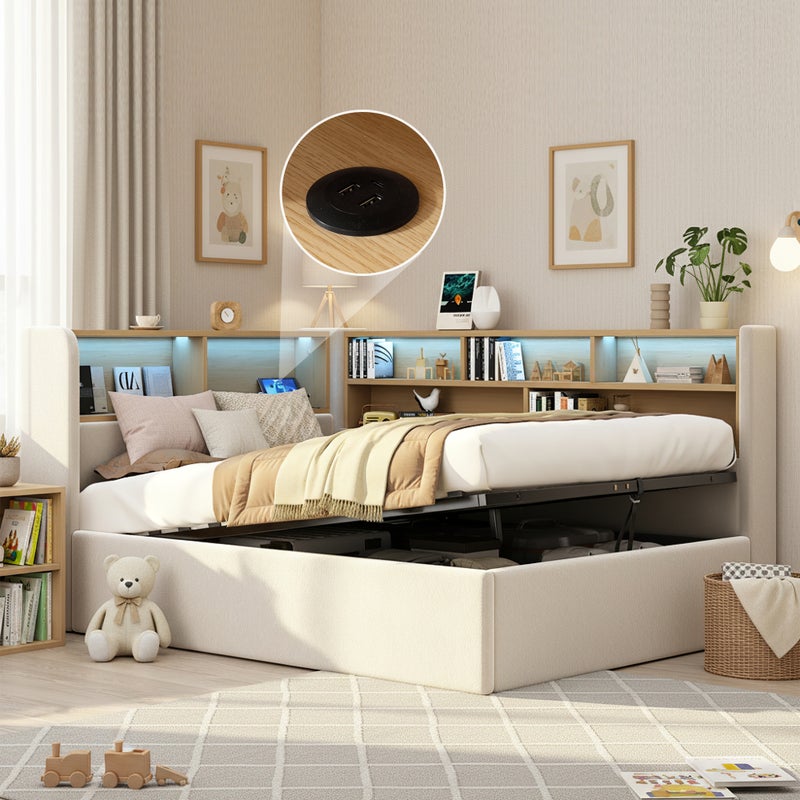 Łóżko 90 x 200 cm z pojemnikiem na pościel, zagłówkiem i schowkami, sofa rozkładana - Aksamit - Diody LED, porty USB - Beżowe