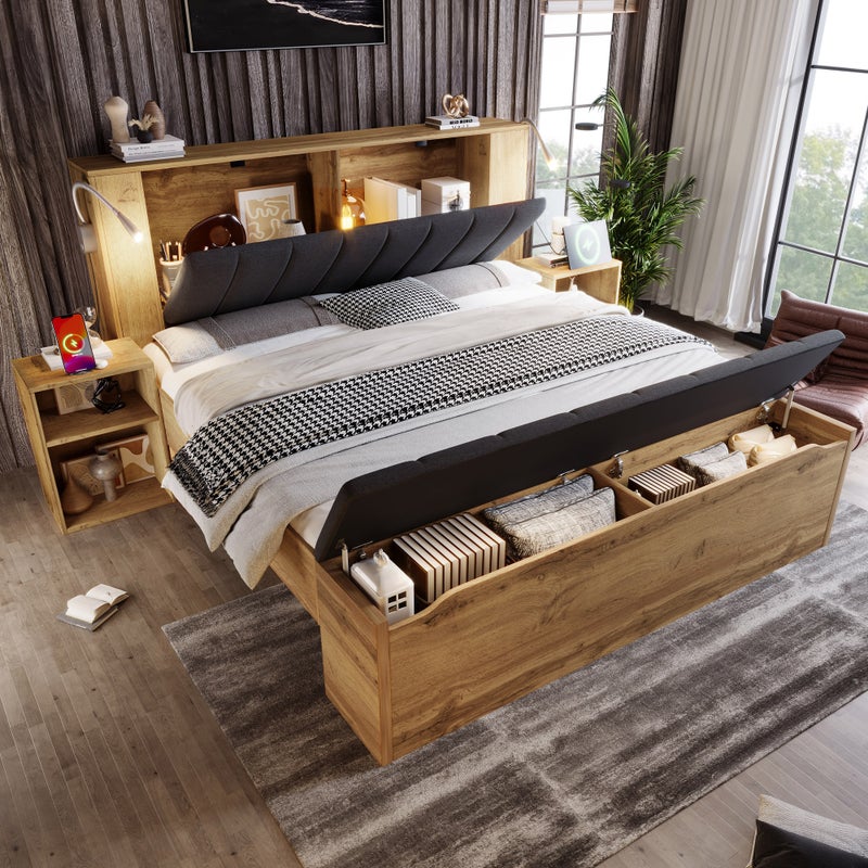 Łóżko 180 x 200 cm ze składanym zagłówkiem i 2 stolikami nocnymi – sofa rozkładana z pojemnikiem – płyta MDF + pościel – dąb