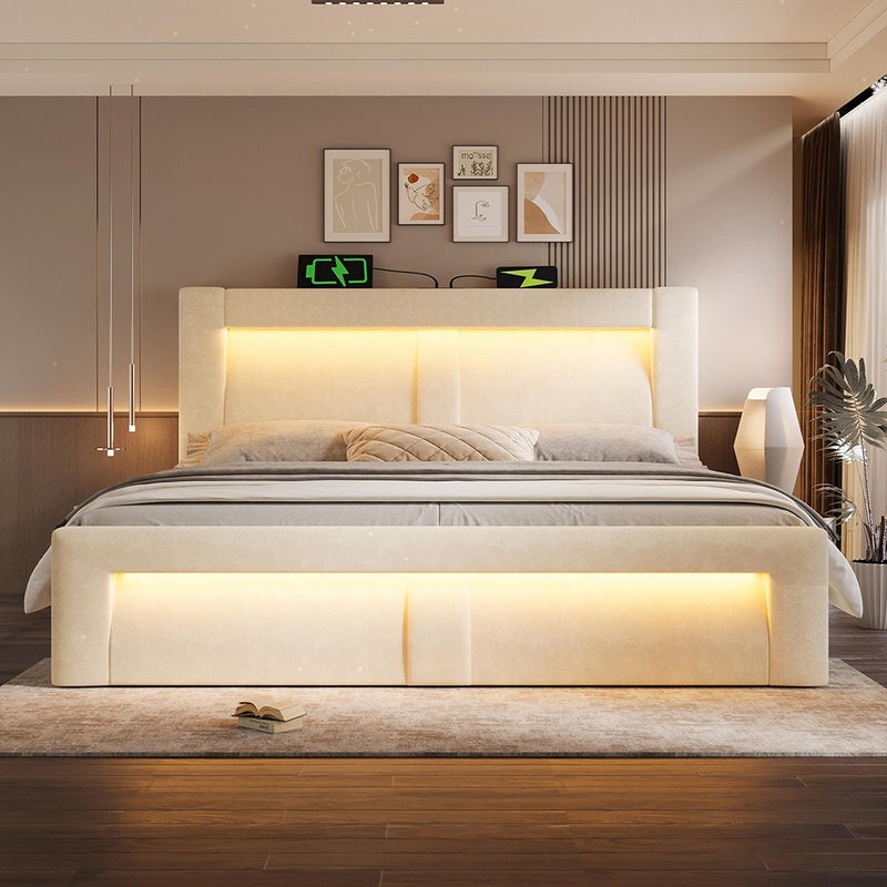 Łóżko hydrauliczne z oświetleniem LED sterowanym za pomocą aplikacji, portami ładowania USB i Type-C, aksamit, beżowy - 160x200 cm.