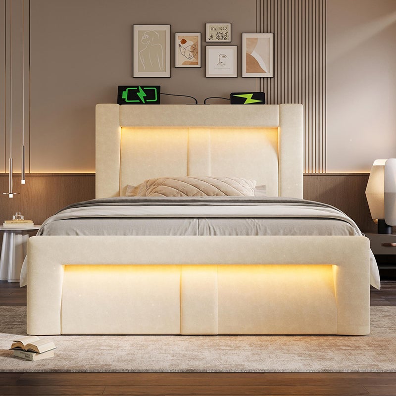 Łóżko hydrauliczne z oświetleniem LED sterowanym za pomocą aplikacji, portami ładowania USB i Type-C, aksamit, beżowy - 90x200 cm.