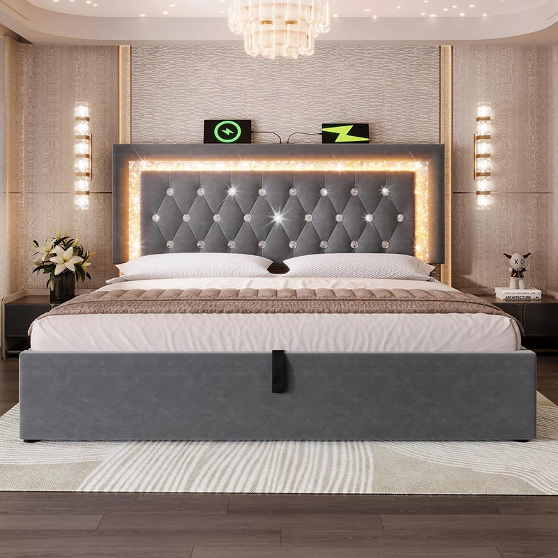 Łóżko tapicerowane, zagłówek z paskiem LED w kształcie rombów, stacja ładująca USB i Type-C, aksamit, szary (bez materaca) – 160 x 200 cm