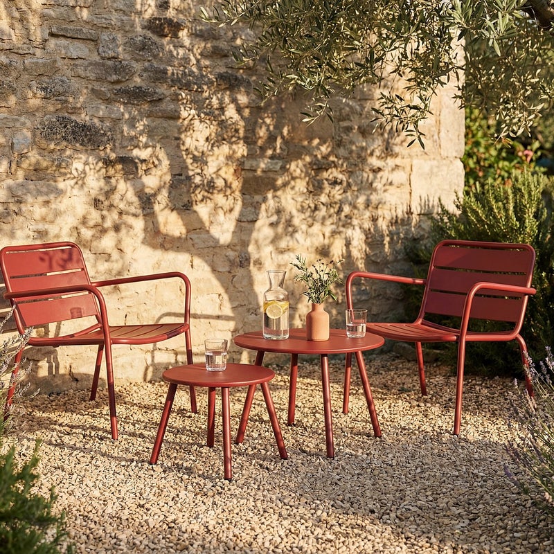 Zestaw mebli ogrodowych metalowych: 2 sztaplowane fotele niskie i stoliki wsuwane - Czerwony - MIRMANDE od MYLIA