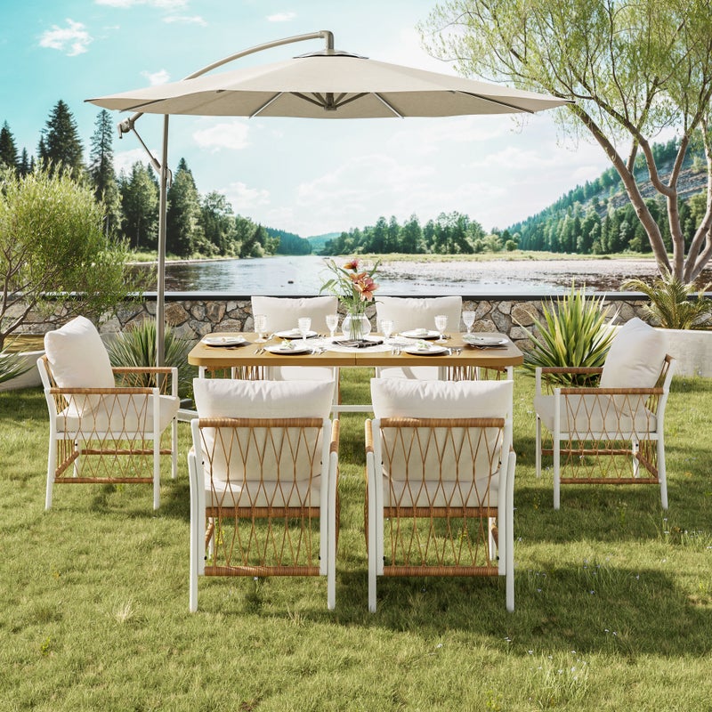 Zestaw mebli ogrodowych z żelaza i rattanu PE 6-osobowy: stół jadalny + 6 foteli - Stół 159,5x77,5x75 cm - Beżowy + naturalny