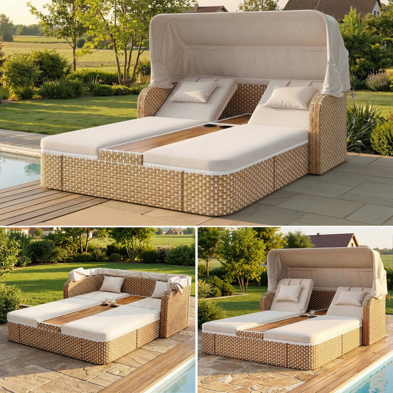 Zestaw wypoczynkowy ogrodowy z 2 rozkładanymi krzesłami, parasolem i 2 uchwytami na kubki – 192 x 160 x 137 cm – rattan PE, akacja i tkanina – beżowy