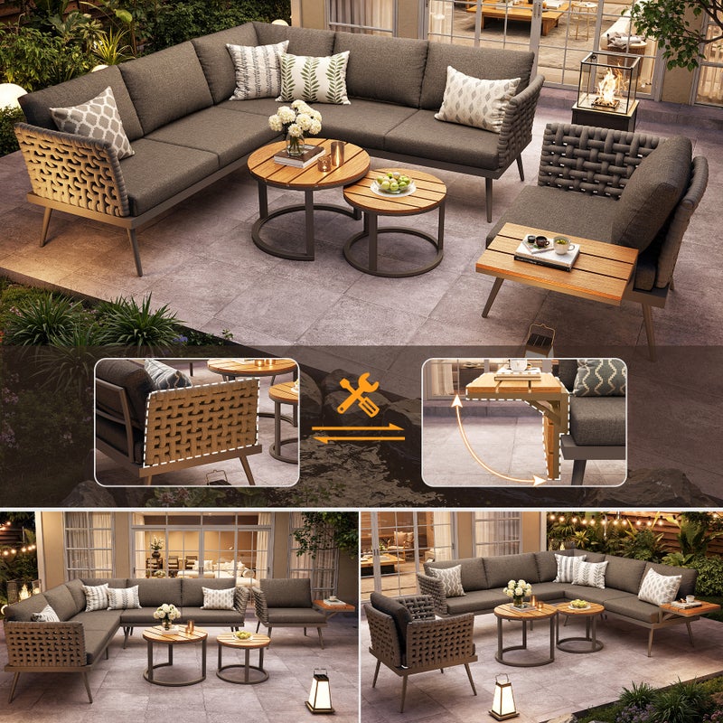 Zestaw mebli ogrodowych z modułowego żelaza, 6 osób: 2 sofy + 1 fotel + sztaplowane stoliki kawowe - szary