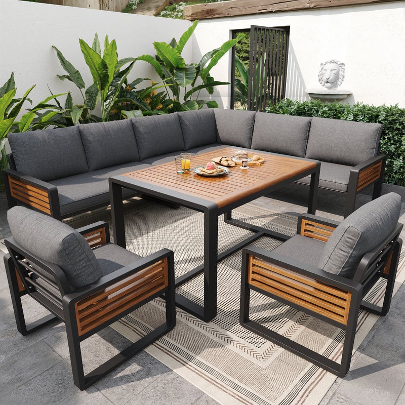 Zestaw mebli ogrodowych modułowych 7-osobowych z ocynkowanego żelaza: 2 sofy dwuosobowe + 3 fotele + 1 stolik 90 x 63 x 63 cm - Szary