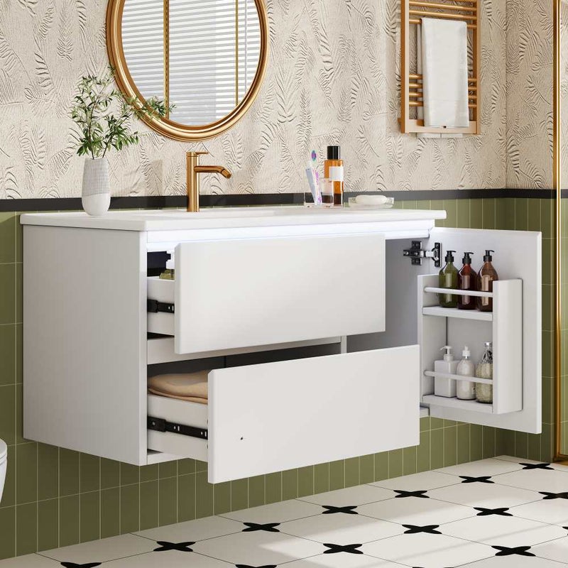 Szafka łazienkowa wisząca 91x46,5x50,5 cm z umywalką ceramiczną, 2 cichymi szufladami, półką na drzwiach, oświetleniem LED z czujnikiem, kolor biały