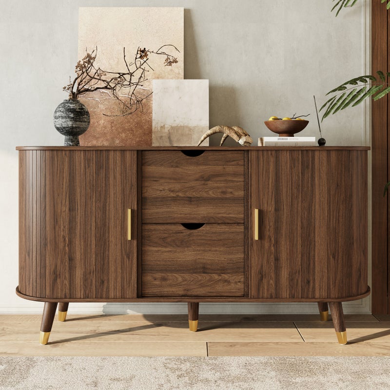 Komoda owalna z 2 drzwiami przesuwnymi i 2 szufladami w środku - 140 x 40 x 79,5 cm - MDF i nogi z litego drewna - orzech