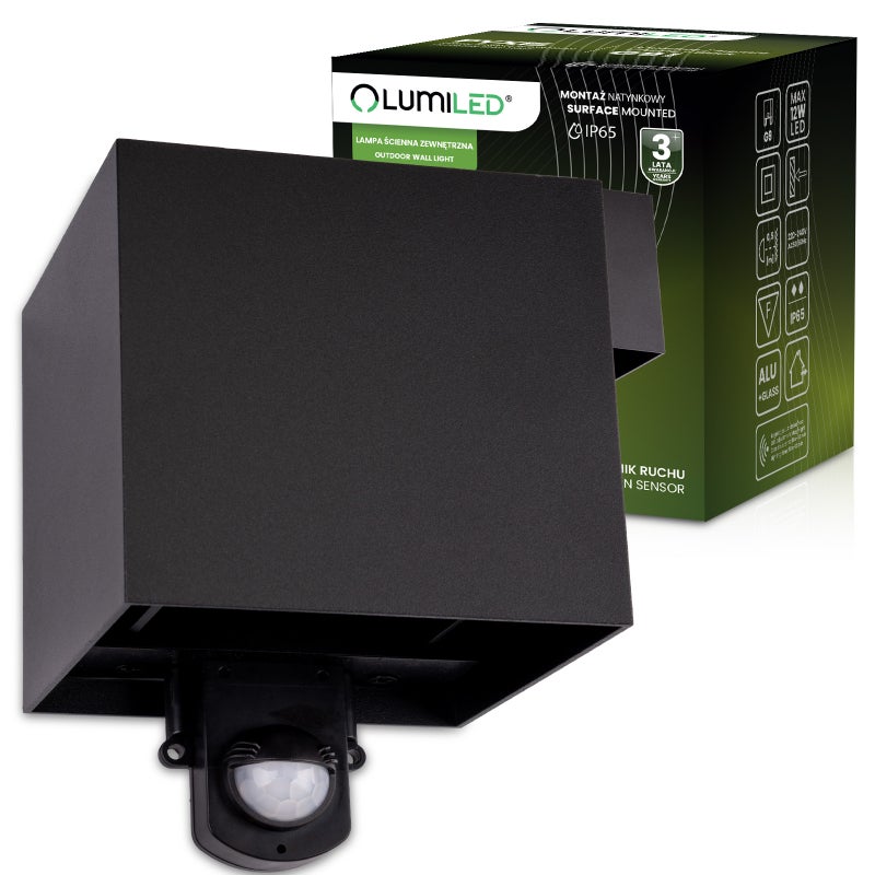 Kinkiet Ogrodowy Lumiled Elewacyjny LED G9 Regulowany Góra Dół Czujnik PIR Czarny 1 szt.