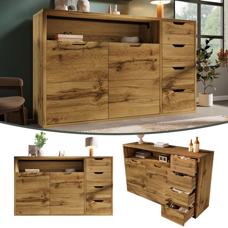 Komoda z 2 drzwiami, 4 szufladami i 1 otwartą przegrodą - 150 x 40 x 90 cm - Płyta MDF - Regulowane półki - Dąb