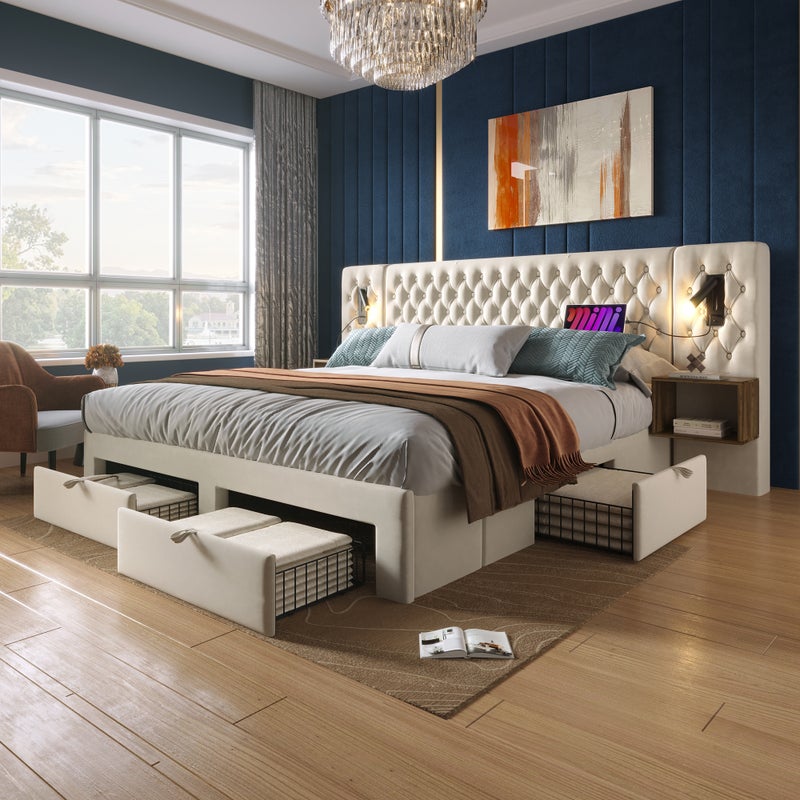 Zestaw łóżko sypialnie - 160x200 cm, beżowy, z 2 nocnymi stolikami i 4 szufladami, USB, światła do czytania
