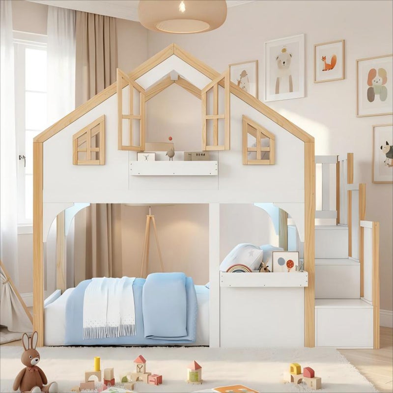 Łóżko na antresoli dziecięce 90x200 cm - z oświetleniem LED - Schody z pojemnikami - Lite drewno i MDF - Biały + naturalny (bez materaca)