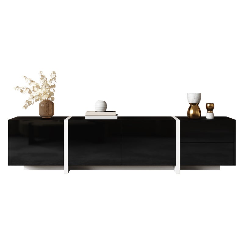 Stolik TV z szafką - czarny połysk, białe nogi, 170x30x39cm, szuflada i drzwi z LED