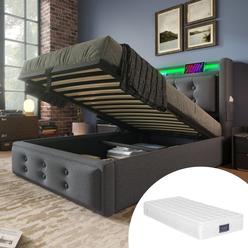 Bett z LED i USB C, 90x200 cm, grau, z matracą, hydrauliczne przechowywanie