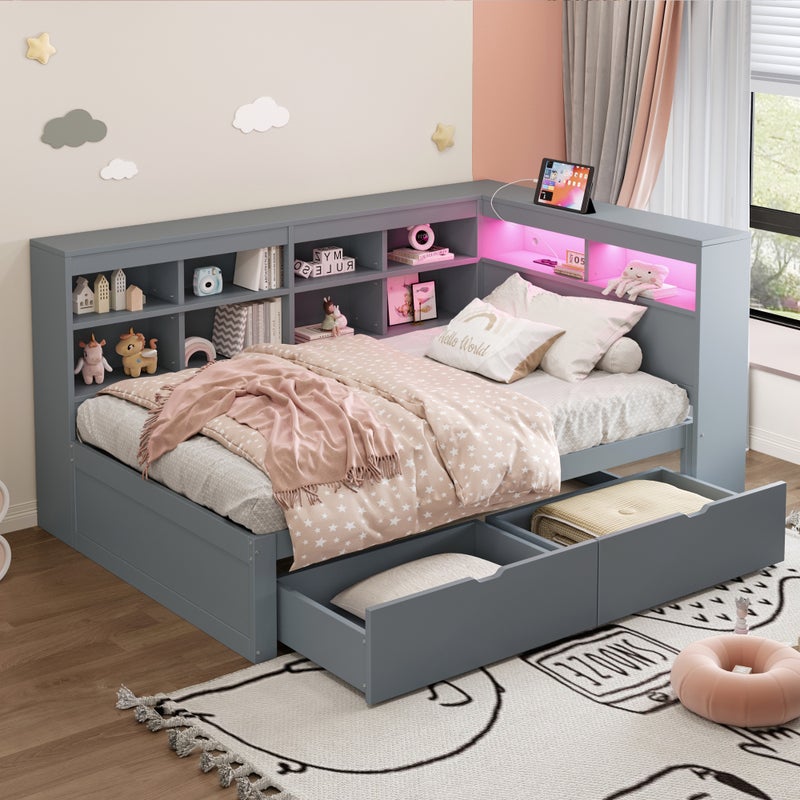 Sofa łóżkowe z USB i LED - masywne drewno, szafa, 90x200 cm, szary