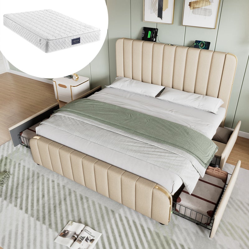 Bett 160x200 cm z usztywnionym poduszeniem USB-C 4 szuflady beige lnen 200 kg