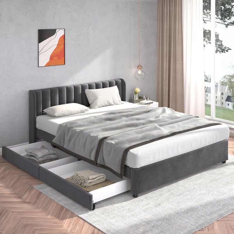Bett 180x200 cm z regulowanym grillem - szara tapicerka sametowa, 2 szuflady, 300 kg
