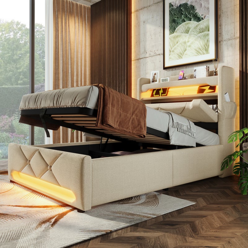 Bett z poduszką z USB i Type C, LED 360°, hydrauliczny magazyn, Beżowy, 90x200 cm, Linen