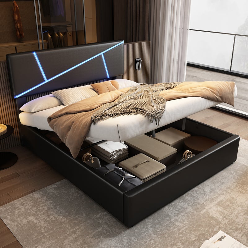 Bett z LED, 140x200 cm, dwuosobowe z szklankami hydraulicznie, skóra syntetyczna czarna