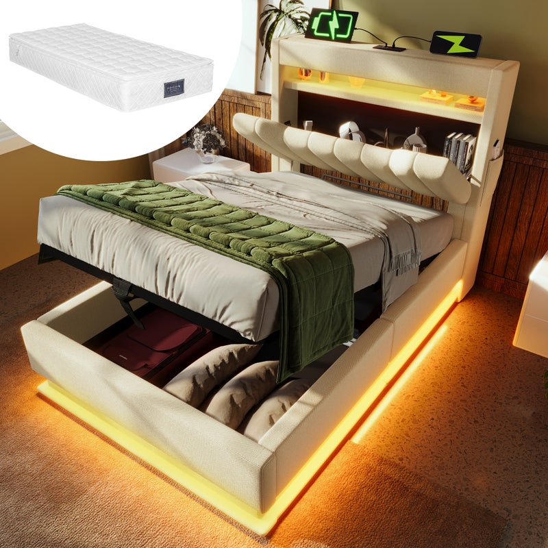 Bett z poduszką 90x200cm z USB i Type-C, LED, strefą magazynową hydrauliczna, beżowy, lana