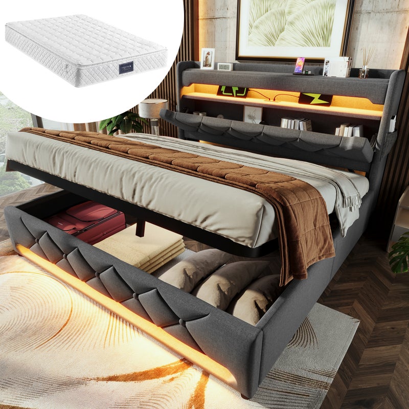 Bett Doppelbett 140x200 z LED, USB, Typ C i hydraulickým magazynem, szary