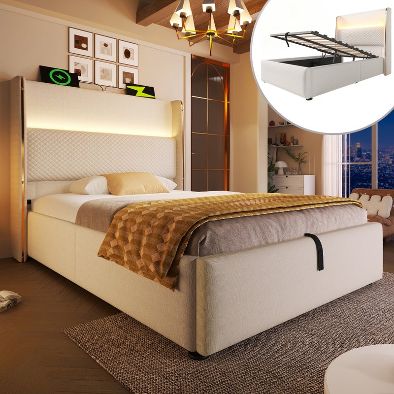 Bett z hydraulicznym podnoszeniem - LED, USB, Type-C - 90x200 cm - beżowy - lnianym wyglądem