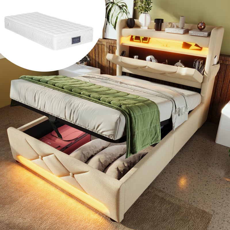 Bett Einzelbett 90x200 cm, Beige Leinen mit LED, USB, Typ C und Hydraulischem Stauraum