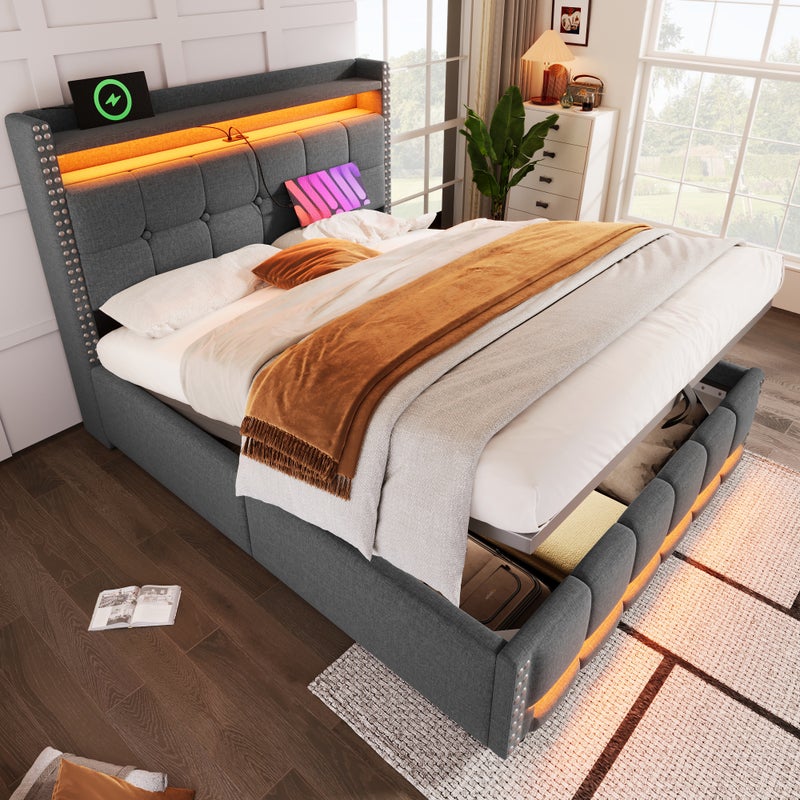 Bett Polsterowane 160x200 cm LED USB - Szafa Hydrauliczna, Linen Szary, Do 2 Osób