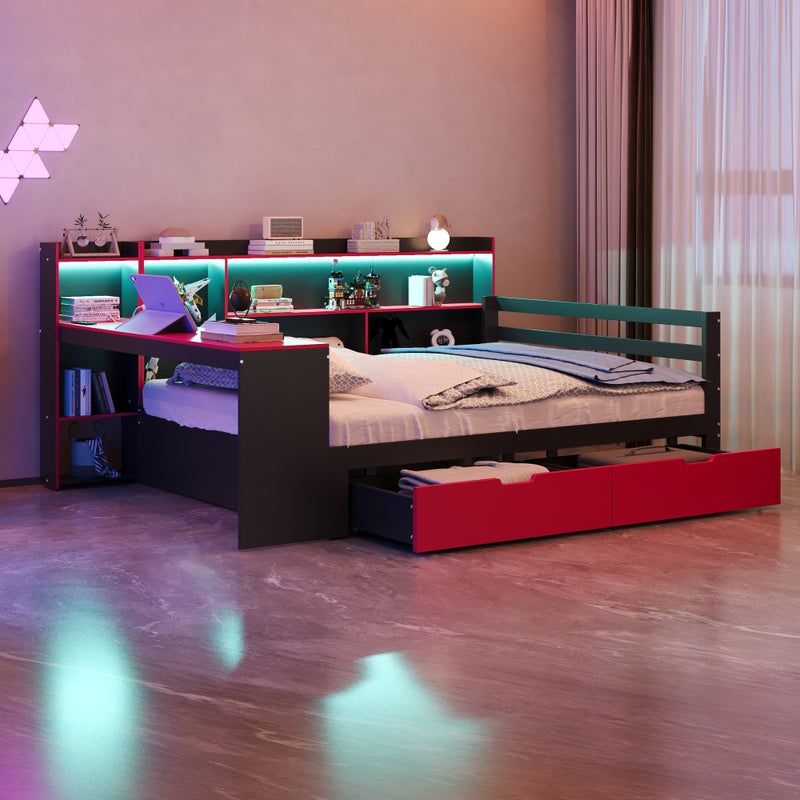 Łóżko 140 x 200 cm z biurkiem, 2 szufladami i schowkami, sofa rozkładana - Sosna + sklejka + MDF - Diody LED i gniazdka - Czarno-czerwone