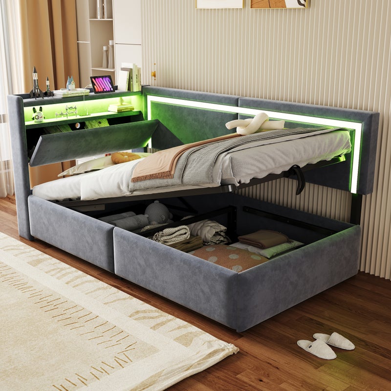 Łóżko kontynentalne 90 x 200 cm z zagłówkiem i schowkiem - Tkanina welurowa - Diody LED i porty USB - Ciemnoszary (materac nie jest wliczony w cenę)