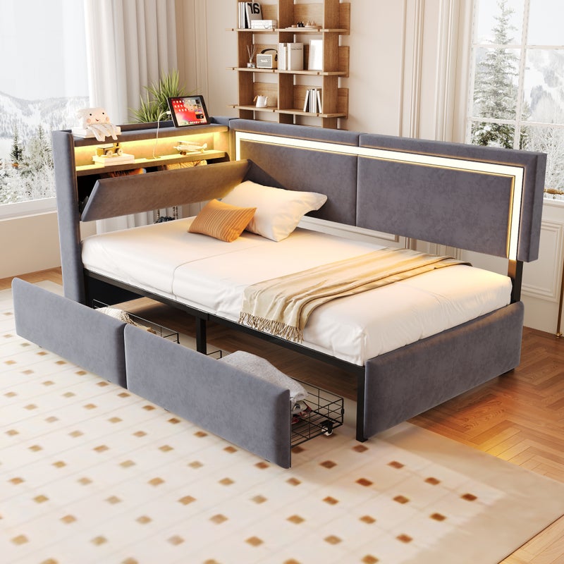 Łóżko tapicerowane 90 x 200 cm z zagłówkiem, 2 szufladami i schowkiem, Sofa rozkładana - Aksamit - Diody LED i porty USB - Ciemnoszary