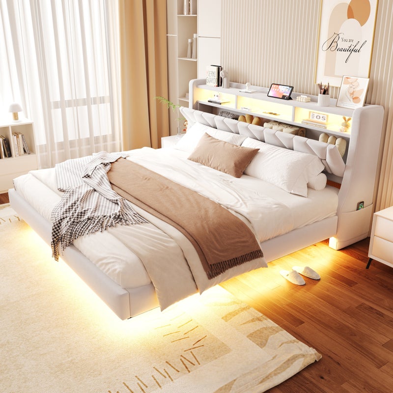 Łóżko tapicerowane 180 x 200 cm ze składanym zagłówkiem i schowkiem - Aksamit - Pływający wzór - Diody LED – beżowe (materac nie jest wliczony w cenę)