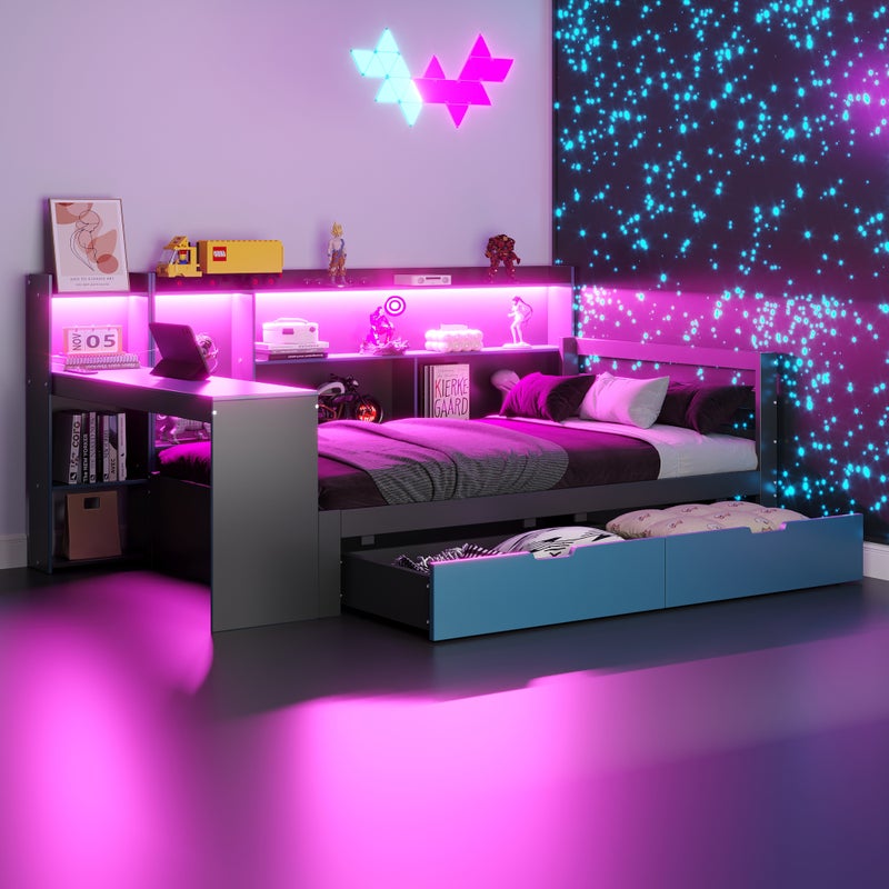 Łóżko 90 x 200 cm z biurkiem, 2 szufladami i schowkami, sofa rozkładana - sosna + sklejka + płyta MDF - diody LED i gniazdka - czarno-niebieskie