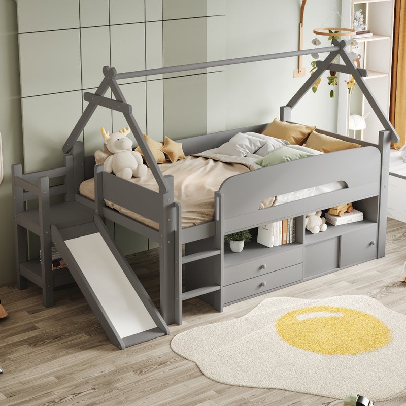 Łóżko domkowe dziecięce 90x200 cm - ze zjeżdżalnią bezpieczeństwa - z 2 szufladami - z barierkami bezpieczeństwa - szary