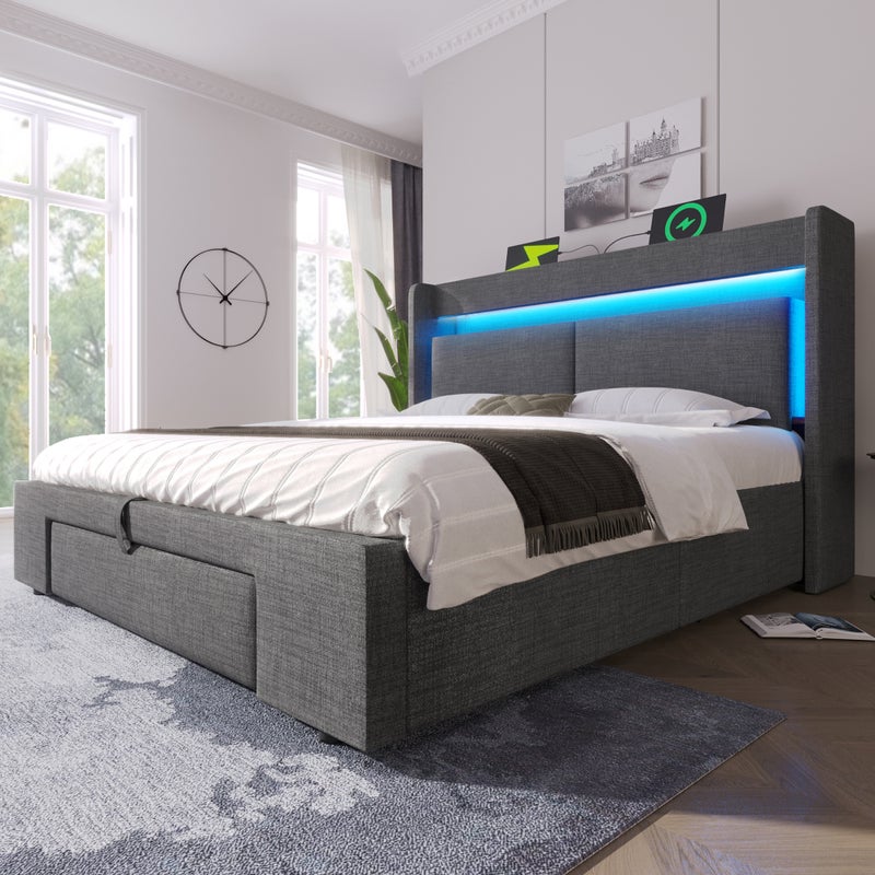 Łóżko tapicerowane ze schowkiem 160x200cm - z oświetleniem LED i interfejsem USB - z 1 szufladą - len - Szary
